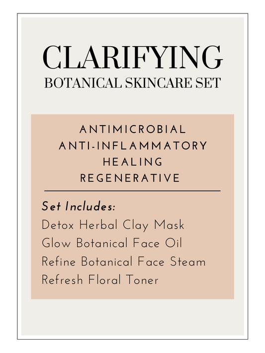 Botanical skincare set for an organic, plant-based, herbal infused at home facial. Kit includes a botanical face oil, a floral toner, an herbal clay mask, and a botanical face steam pack. All products are handmade, small batch, non-toxic, and plant based.