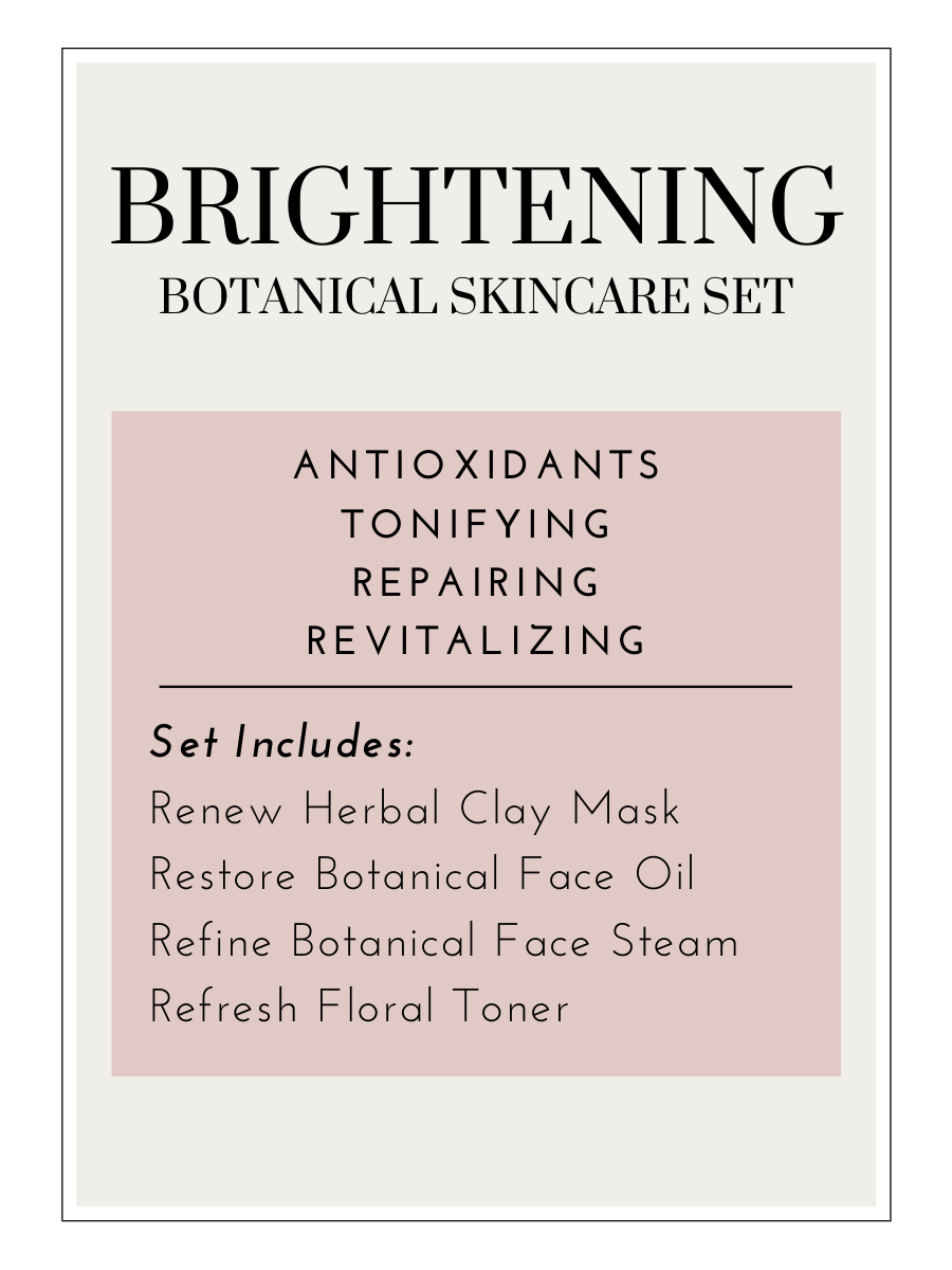 Botanical skincare set for an organic, plant-based, herbal infused at home facial. Kit includes a botanical face oil, a floral toner, an herbal clay mask, and a botanical face steam pack. All products are handmade, small batch, non-toxic, and plant based.