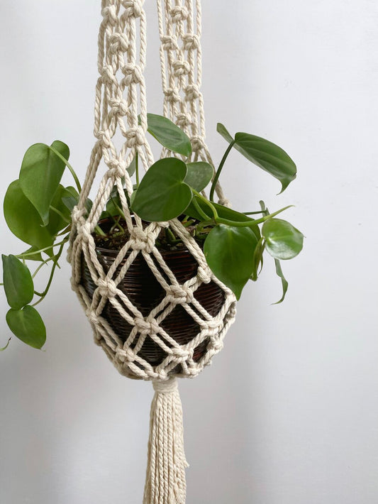 Create more space in your home and suspend your urban jungle with a ready to hang, handmade, boho macrame plant hanger. Great for indoors or outdoors, just add your favorite plant! 