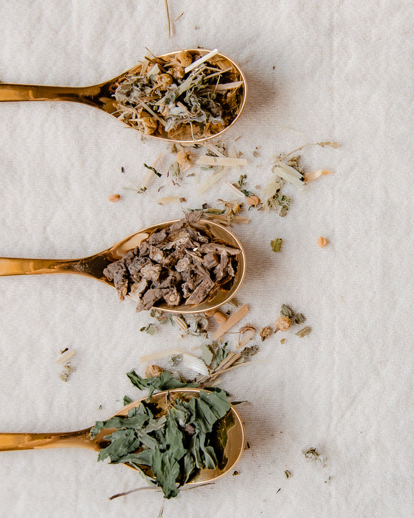 Three gold spoons filled with different types of dried herbs on a light surface.