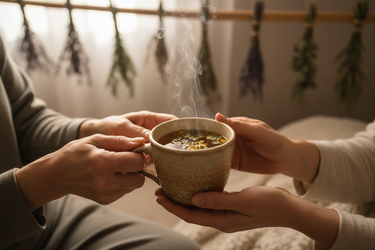 hands offering herbal tea to a new mom