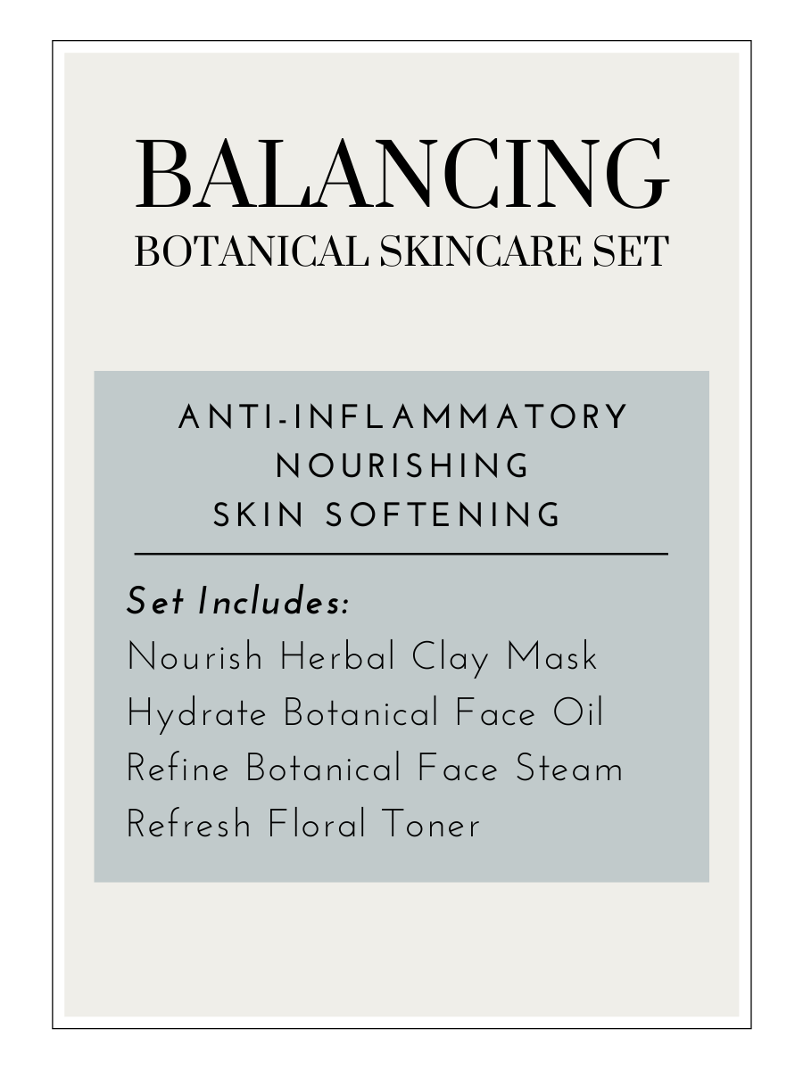 Botanical skincare set for an organic, plant-based, herbal infused at home facial. Kit includes a botanical face oil, a floral toner, an herbal clay mask, and a botanical face steam pack. All products are handmade, small batch, non-toxic, and plant based.