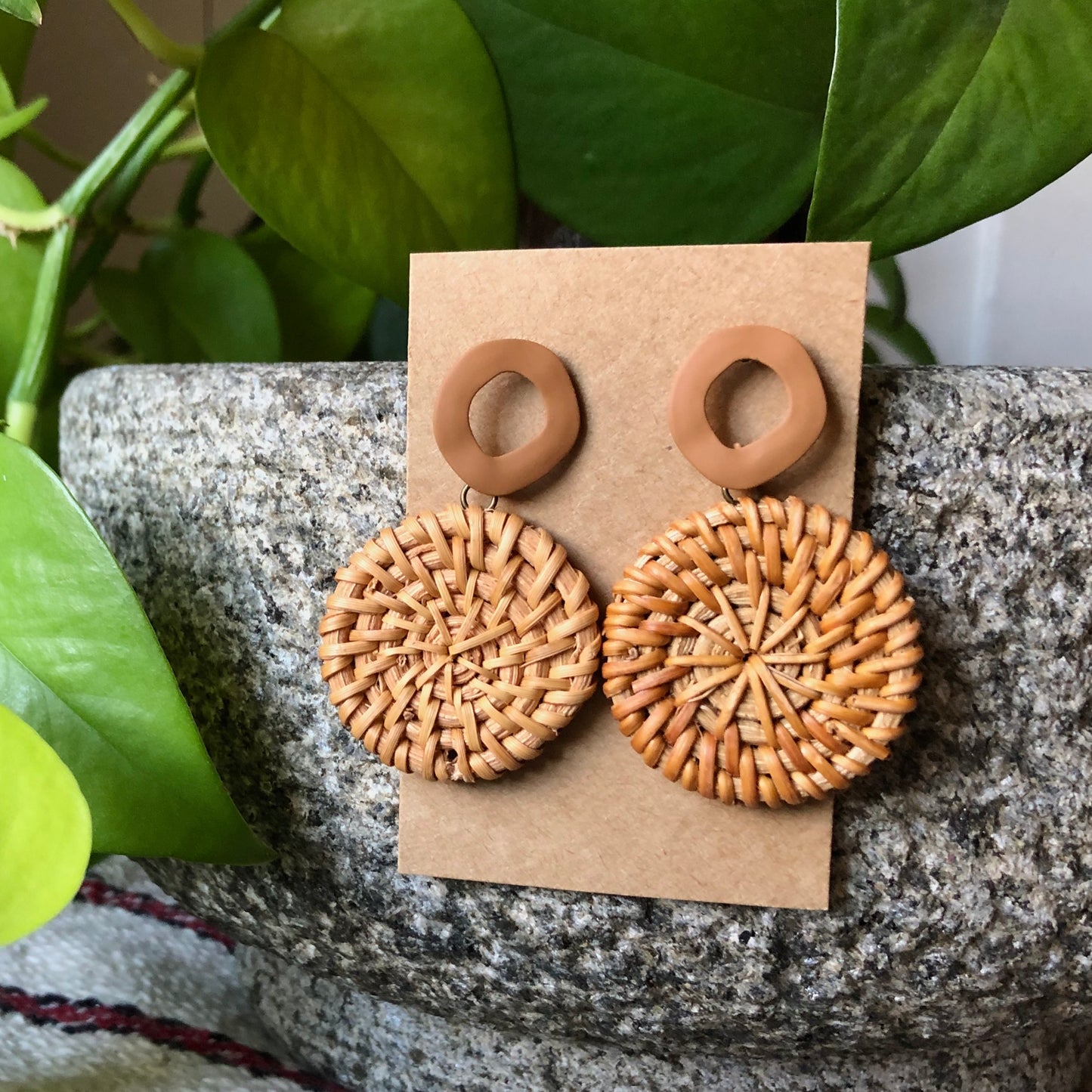 Handmade, natural, and lightweight statement earrings. These rattan drop earrings are perfect for a special occasion or casual everyday wear. Available in a variety of accent colors to pair with any style!