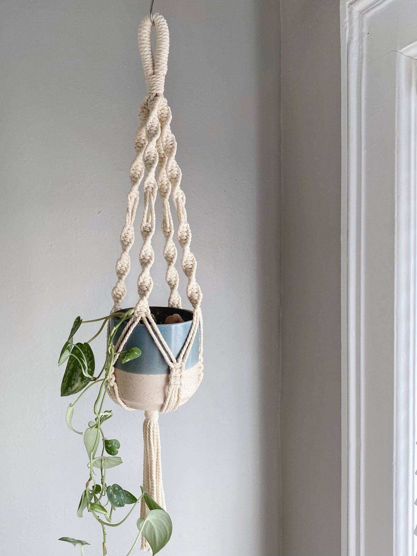 Create more space in your home and suspend your urban jungle with a ready to hang, handmade, boho macrame plant hanger. Great for indoors or outdoors, just add your favorite plant!