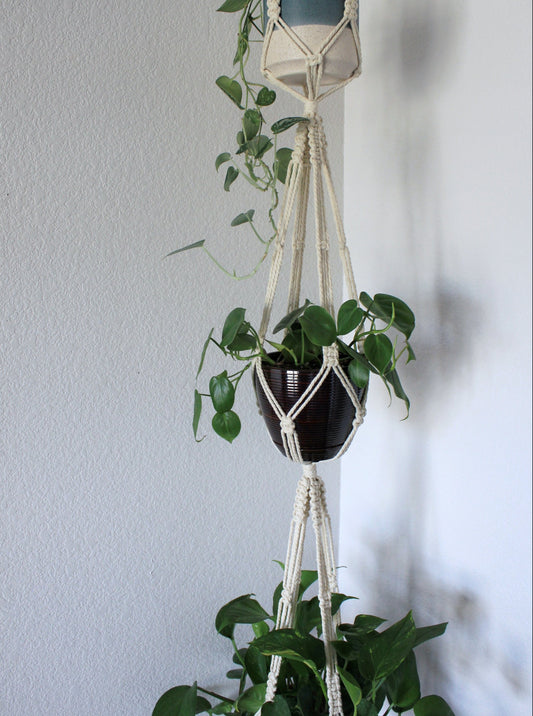 Create more space in your home and suspend your urban jungle with a ready to hang, handmade, boho triple macrame plant hanger. This hanger is perfect for high ceilings! Great for indoors or outdoors, just add your favorite plants!